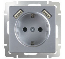 Розетка с заземлением, шторками и 2хUSB, без рамки Werkel Серебряный WL06-SKGS-USBx2-IP20
